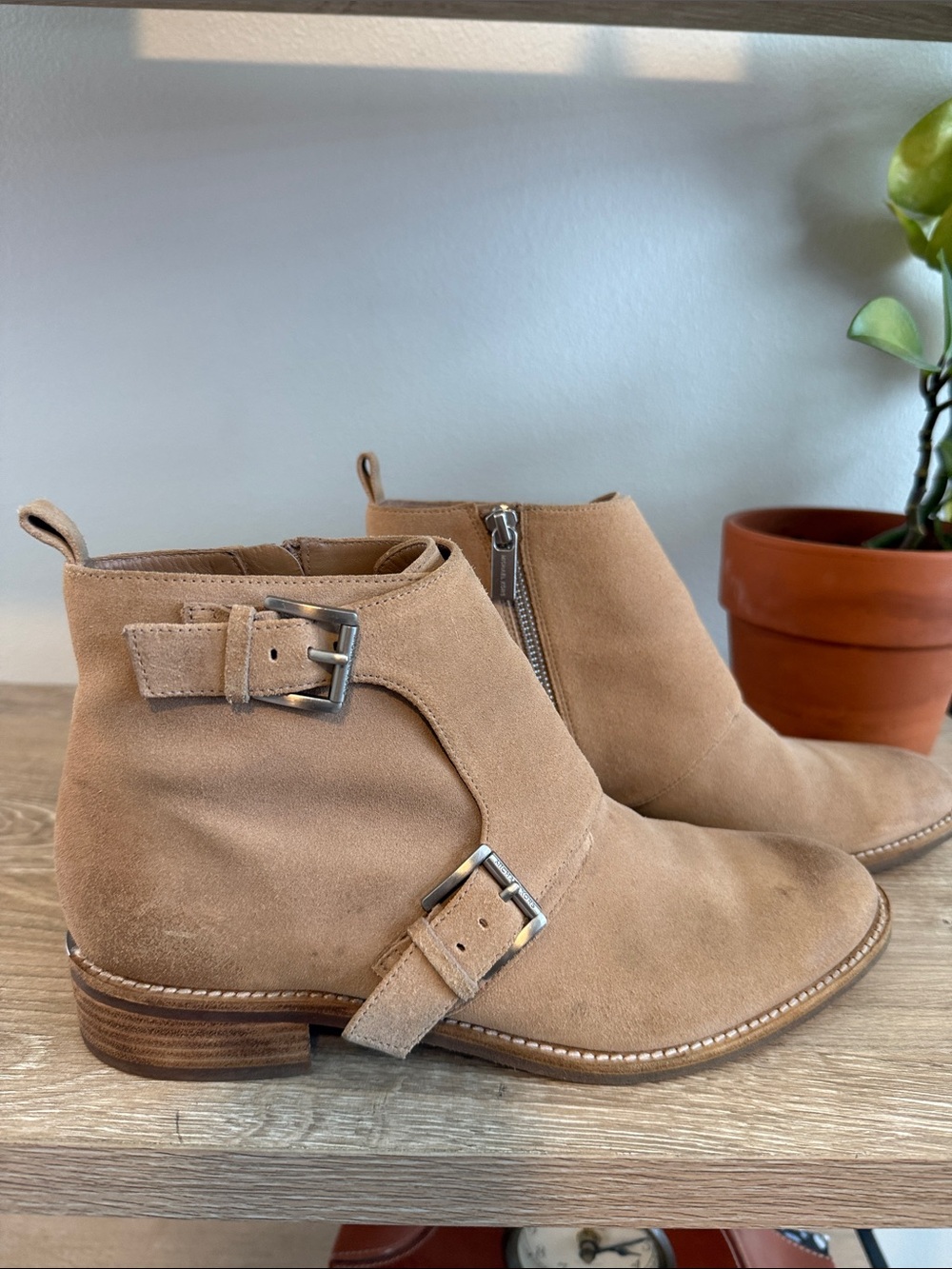 Michael Kors Suede Leather Chelsea Side Zip Ankle Wood Block Heel Boots, 7.5